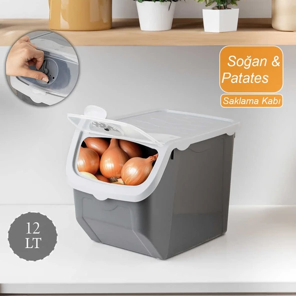 Porsima Coral Çok Amaçlı Plastik Patates Soğan Sarımsak Saklama Kutusu 12 Litre - Gri