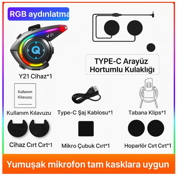 QASUL Rgb Işık Efektli Intercom Bluetooth Motosiklet Kask Kulaklığı Intercom Kulaklık - Resim 8