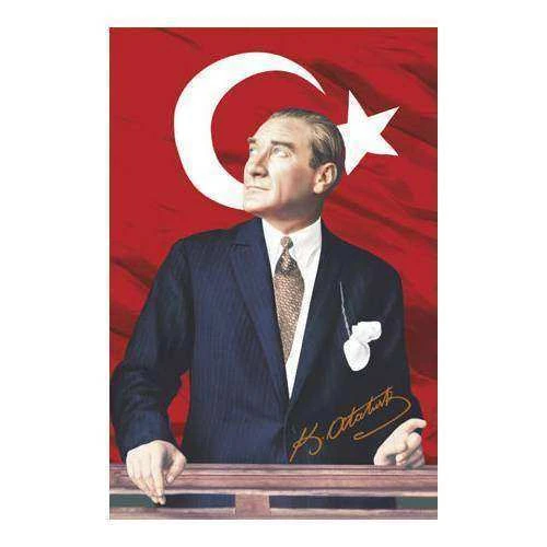 Göğe Bakan Gazi Mustafa Kemal Atatürk İmzalı Portre - Sivil Türk Bayrağı Poster - Bayrak 100x150 cm - Resim 2