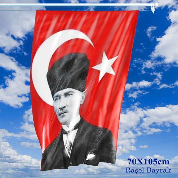 70x105 cm Raşel Kumaş T.C. Kalpaklı Atatürk Fotoğraflı Türkiye Bayrağı - Bayrak