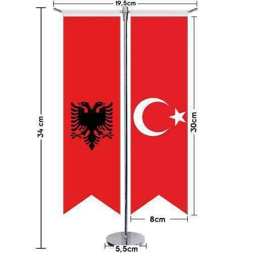 Arnavutluk Bayrağı -Çift Başlı Kartal ve Türkiye -Saten T direk 2li Masa Bayrağı - 2
