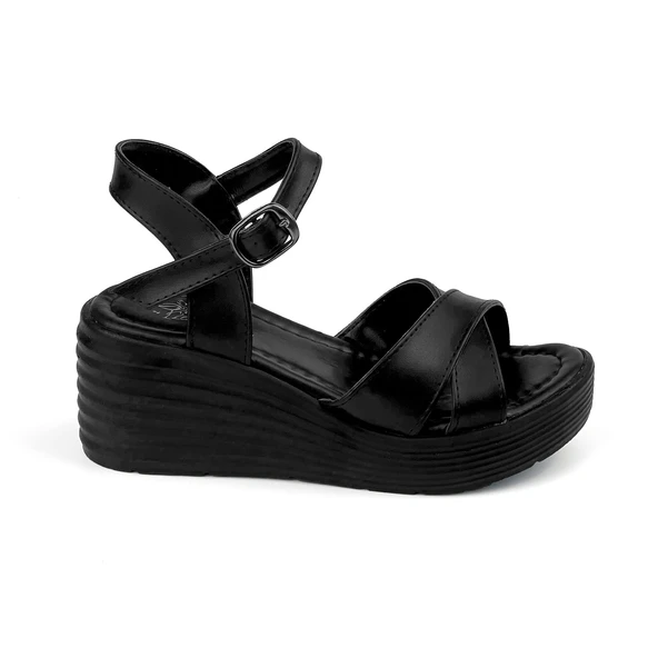 Kadın Siyah Tokalı Dolgu Topuklu Sandalet 6 Cm Rahat Yüksek Topuklu - 2