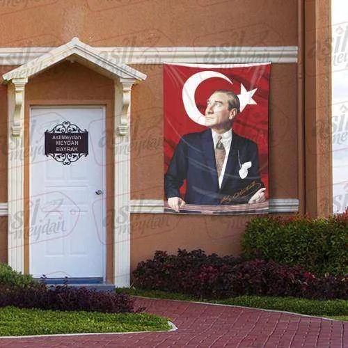 Göğe Bakan Gazi Mustafa Kemal Atatürk İmzalı Portre - Sivil Türk Bayrağı Poster - Bayrak 100x150 cm ürün görseli