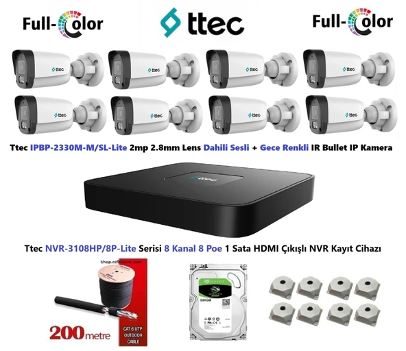 Ttec 2mp Dahili Sesli Ve Gece Renkli 8 Kameralı 500GB Disk Tak Çalıştır Hazır IP Kamera Seti ürün görseli 1