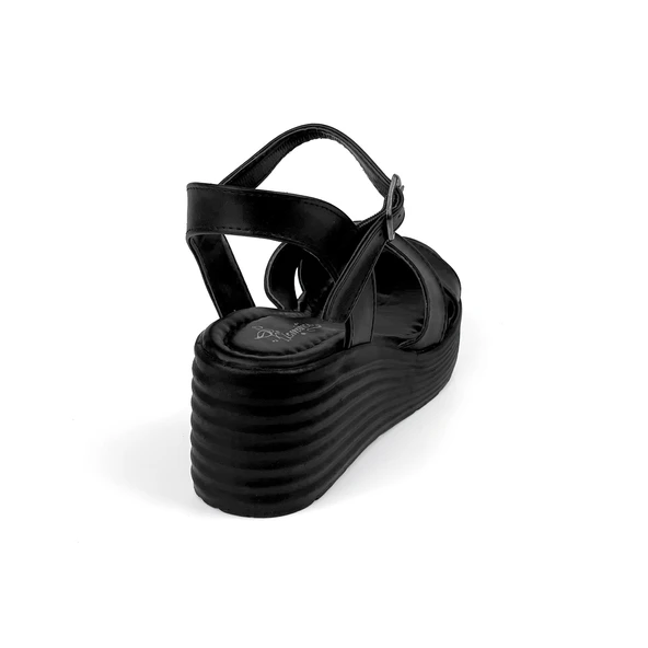 Kadın Siyah Tokalı Dolgu Topuklu Sandalet 6 Cm Rahat Yüksek Topuklu - 5