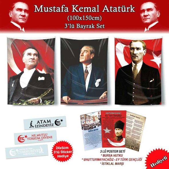 Gazi Mustafa Kemal Atatürk 1x1.5m Bayrak Set2 -3lü Poster ve Sticker Hediyeli-29 Ekim Bayram Kutlama - 1