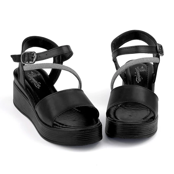 Kadın Siyah Tokalı Taşlı Dolgu Topuklu Sandalet 6 Cm Rahat Yüksek Topuklu FLGS16 - 4