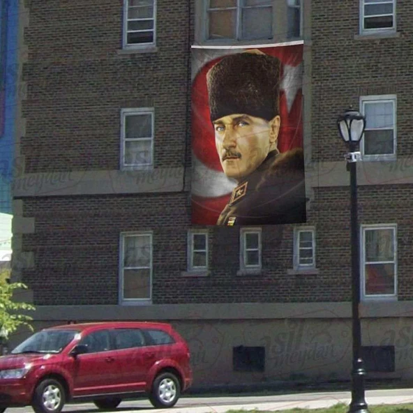 Mavi Gözlü Kalpaklı Gazi Mustafa Kemal Atatürk - Ay Yıldızlı Poster Cephe Bayrak - 300x450cm ürün görseli
