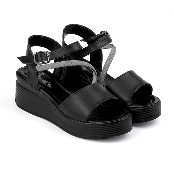 Kadın Siyah Tokalı Taşlı Dolgu Topuklu Sandalet 6 Cm Rahat Yüksek Topuklu FLGS16 - 3