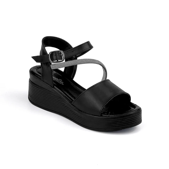 Kadın Siyah Tokalı Taşlı Dolgu Topuklu Sandalet 6 Cm Rahat Yüksek Topuklu FLGS16