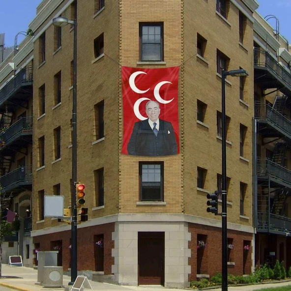 Alparslan Türkeş ve 3 Hilal Kırmızı Sancak Bayrak MHP - 200x300cm (2 x 3 metre) - 1