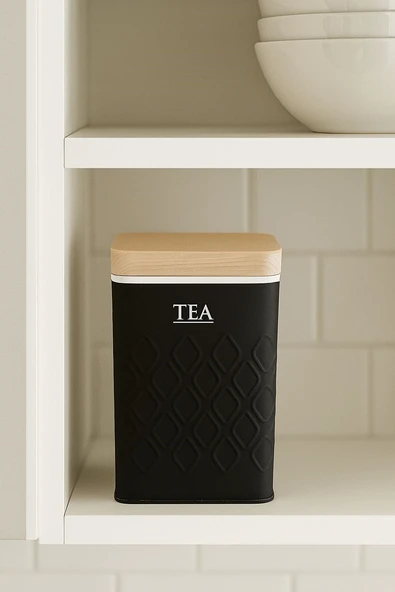 Ahşap Görünümlü Metal Kapaklı 1 Adet Gofreli Siyah Çay Saklama Kutusu & Kavanoz 17*11*8 cm