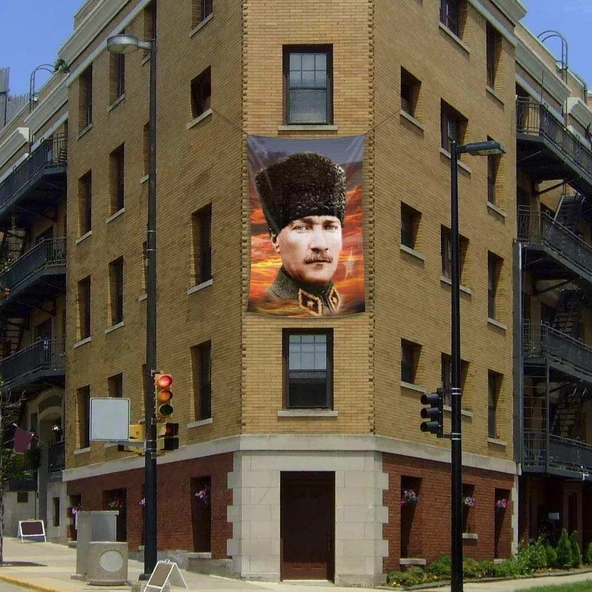 Kalpaklı Mustafa Kemal Atatürk Poster Cephe Bayrağı -Bayrak - 2x3 metre ürün görseli 1