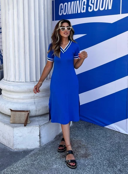 Lucky Life Kadın Kısa Kollu V Yaka Ve Yaka Ribana Detay Midiboy Viskon Elbise ürün görseli 1