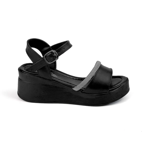 Kadın Siyah Tokalı Taşlı Dolgu Topuklu Sandalet 6 Cm Rahat Yüksek Topuklu - 2