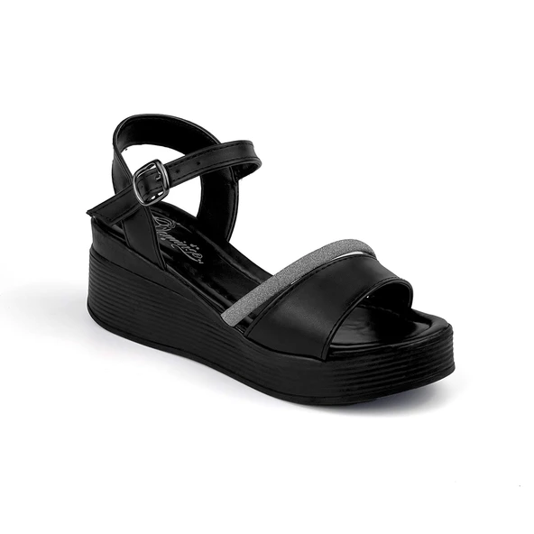 Kadın Siyah Tokalı Taşlı Dolgu Topuklu Sandalet 6 Cm Rahat Yüksek Topuklu