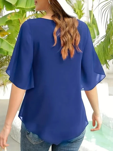 Lucky Life Kadın Kısa Yırtmaç Kollu Yuvarlak Yaka şifon Bluz ürün görseli 1