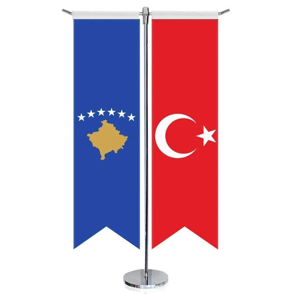 Kosova Cumhuriyeti Bayrağı ve Türkiye - Kırlangıç - Saten T direk 2li Masa Bayrağı ürün görseli 1