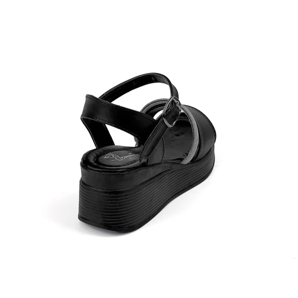 Kadın Siyah Tokalı Taşlı Dolgu Topuklu Sandalet 6 Cm Rahat Yüksek Topuklu - 5