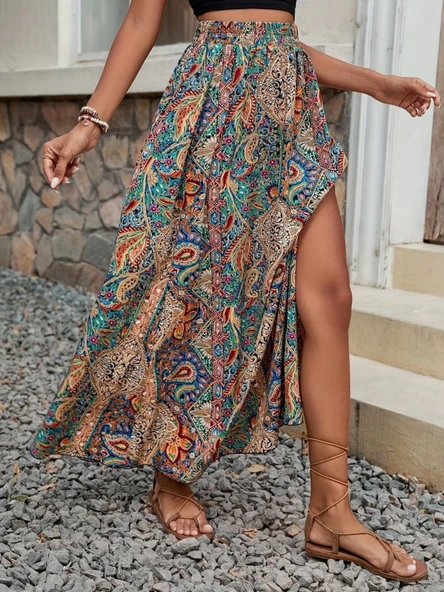 Lucky Life Kadın Beli Büzgülü Yandan Yırtmaçlı Desenli Süprem Etek - Resim 2