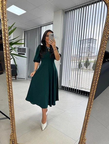 Lucky Life Kadın Kısa Kollu Bisiklet Yaka Fiyonk Broşlu Midi Janjan Krep Elbise - Resim 9