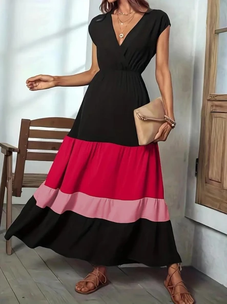 Lucky Life Kadın Kısa Kollu Kruvaze Yakalı çok Renkli Aerobin Elbise - Resim 3