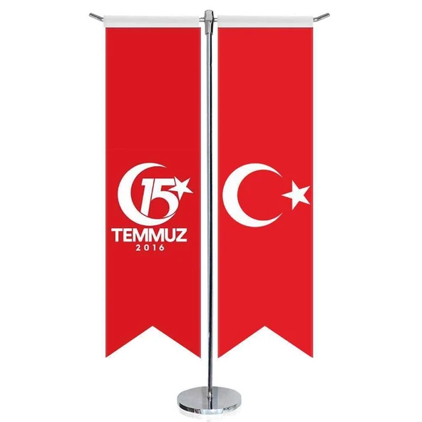 15 Temmuz 2016 Bayrağı ve Türkiye - Kırlangıç - Saten T direk 2li Masa Bayrağı ürün görseli 1