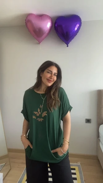 Lucky Life Kadın Kısa Kollu Bisiklet Yaka Cepli Kelebek Baskılı Viskon Elbise ürün görseli 1