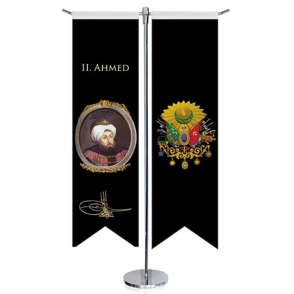 Osmanlı Padişahları - II. Ahmed ve Osmanlı Arması - Kırlangıç - Saten T direk 2li Masa Bayrağı ürün görseli
