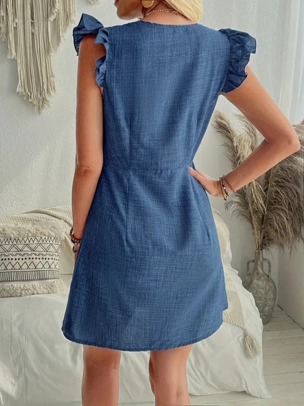 Lucky Life Kadın Fırfır Kollu V Yakalı Düğmeli Keten Elbise - Resim 4