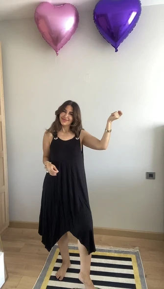 Lucky Life Kadın Askılı Yuvarlak Yaka Kuş Gözü Detaylı Asimetrik Viskon Elbise - Resim 2