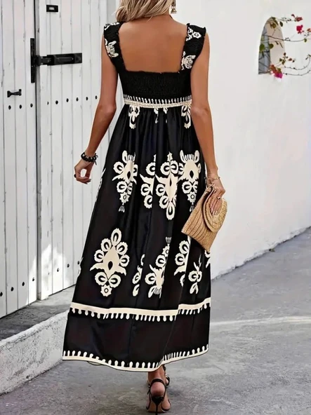 Lucky Life Kadın Askılı Kare Yaka Gipe Detaylı Desenli Suprem Elbise - Resim 5