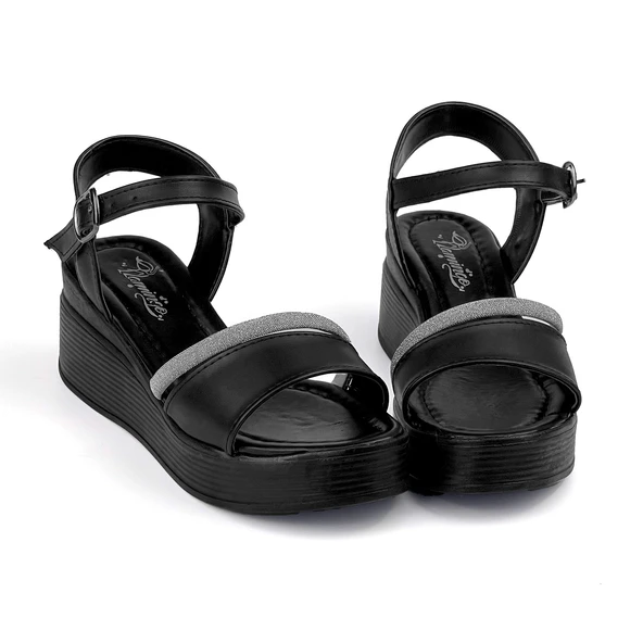 Kadın Siyah Tokalı Taşlı Dolgu Topuklu Sandalet 6 Cm Rahat Yüksek Topuklu - 4