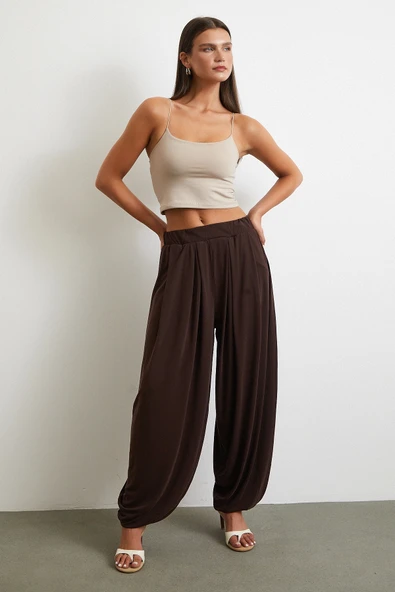 Paça Detaylı Şalvar Pantolon Kahve - Resim 3
