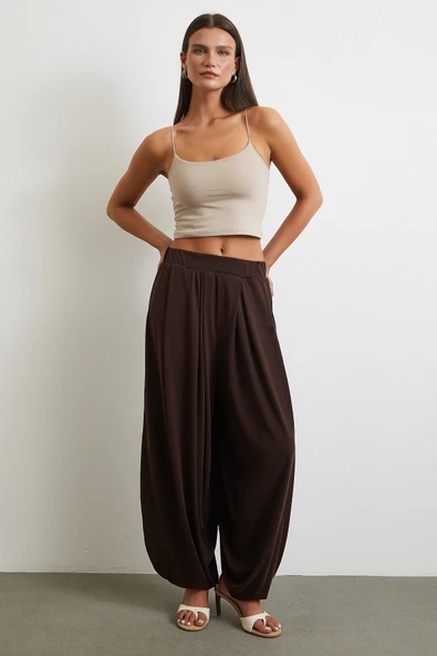 Paça Detaylı Şalvar Pantolon Kahve - Resim 2