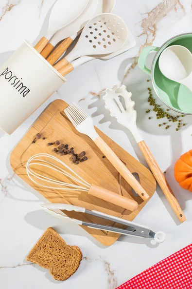 Porsima 3163 Bambu Silikon 11 Parça Servis Takımı Seti Beyaz Beyaz - Resim 3