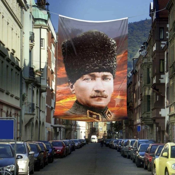 Kalpaklı Mustafa Kemal Atatürk Poster Cephe Bayrağı -400x600cm -4x6 metre ürün görseli