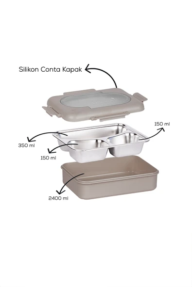 Porsima 3010-1 Paslanmaz Çelik 3 Bölmeli Vakumlu Yemek Termosu Beslenme Kutusu Taşınabilir Lunch Box Sefer Tası - Kahve - 3