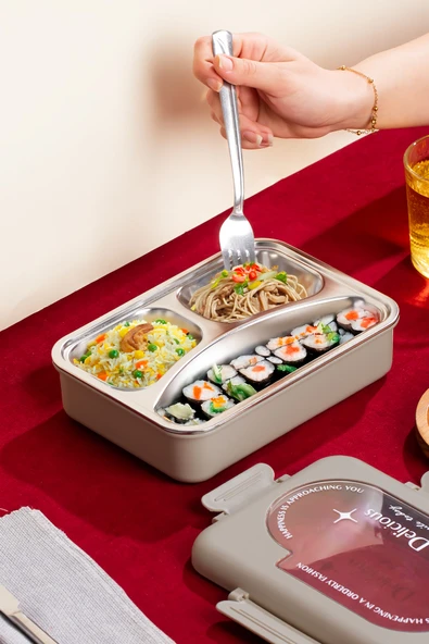 Porsima 3010-1 Paslanmaz Çelik 3 Bölmeli Vakumlu Yemek Termosu Beslenme Kutusu Taşınabilir Lunch Box Sefer Tası - Kahve - 4