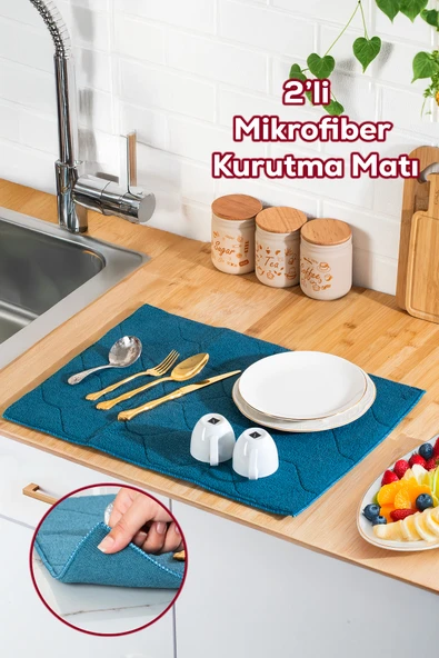 Porsima 3139-2 2li Mikrofiber Tezgah Üstü Kurutma Matı Kurulama Bezi Süper Emici Bulaşıklık Mavi Mavi - 3