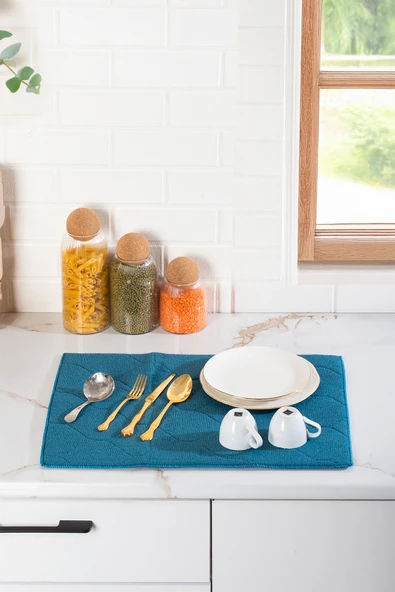 Porsima 3139-2 2li Mikrofiber Tezgah Üstü Kurutma Matı Kurulama Bezi Süper Emici Bulaşıklık Mavi Mavi - 2