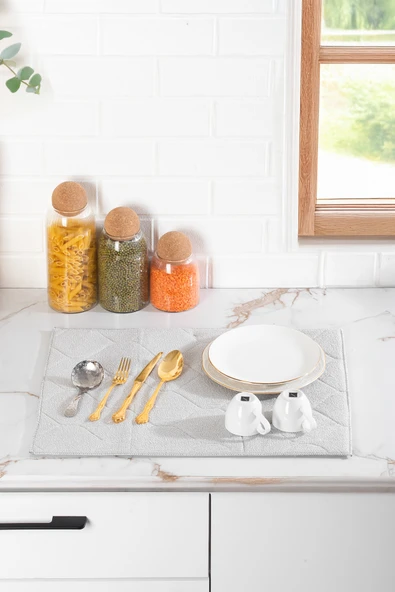 Porsima 3139 2li Mikrofiber Tezgah Üstü Kurutma Matı Süper Emici Bulaşıklık Gri Gri - Resim 2