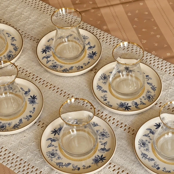 Glore Mavi Kuş Altın Yaldızlı 6 Çay Bardağı Takımı - Resim 7