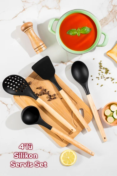 Porsima 3168 Ahşap Silikon 4 Parça Servis Takımı Seti Siyah Siyah - Resim 3
