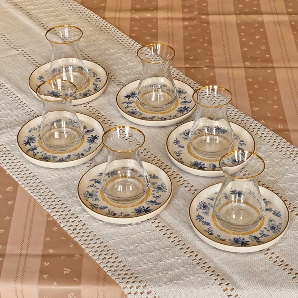 Glore Mavi Kuş Altın Yaldızlı 6 Çay Bardağı Takımı - Resim 5