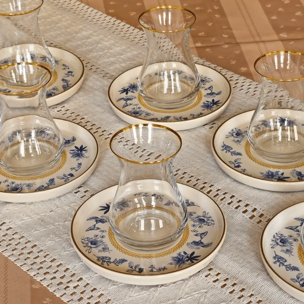 Glore Mavi Kuş Altın Yaldızlı 6 Çay Bardağı Takımı - Resim 4