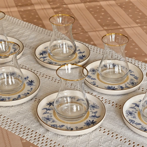 Glore Mavi Kuş Altın Yaldızlı 6 Çay Bardağı Takımı - Resim 2