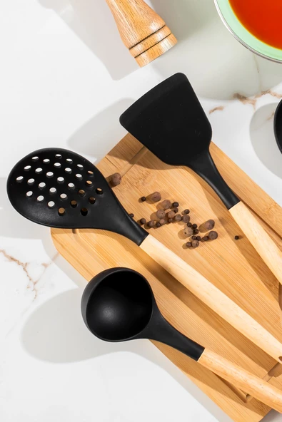 Porsima 3168 Ahşap Silikon 4 Parça Servis Takımı Seti Siyah Siyah - Resim 2