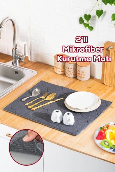 Porsima 3139-3 2li Mikrofiber Tezgah Üstü Kurutma Matı Kurulama Bezi Süper Emici Bulaşıklık Antrasit Antrasit - Resim 2