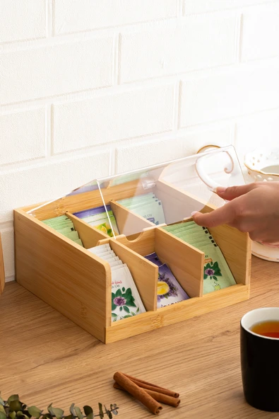Porsima 005 Ahşap 6 Bölmeli Organizer Poşet Çay Saklama Kutusu Ahşap - 2